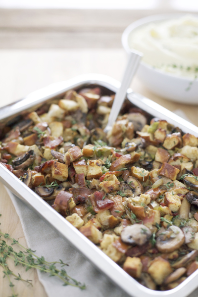 Pretzel Bread Stuffing with Bacon, Leeks and Mushrooms | Bourbon and Honey